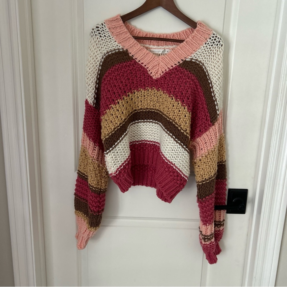 Altar'd State Womens Sz M Striped Chunky Knit Sweater Cropped Balloon Sleeve